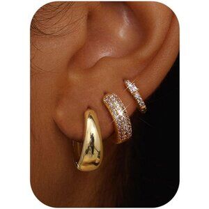 Women's Classic Gold Plated Chunky Hoop Earrings Stacks for Multiple Piercing